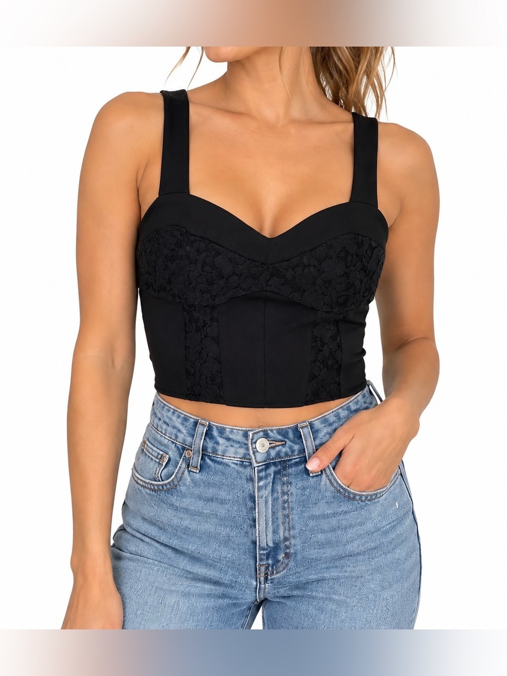 Anthropologie Black Lace-Accent Crop Tank Blouse - Size M NWT
